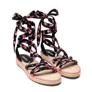 Prada Floral Lace-Up Espadrille Sandals Black Pink Size EU 41